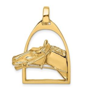 14k Yellow Gold Equestrian Horse Head in Stirrup Necklace Charm Pendant
